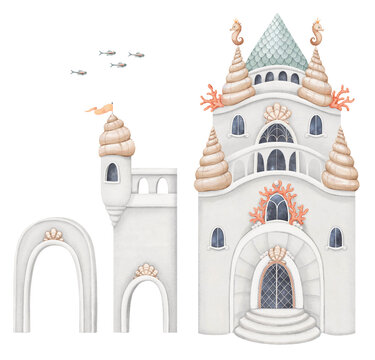 Underwater castle details, cute watercolor isolated set. Hand-drawn collection for your perfect sea landscape, childish mural, baby shower, poster, print or cartoon background.