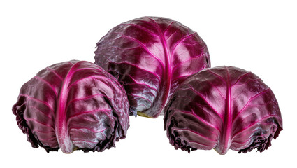 Obraz premium Three whole red cabbages with vibrant purple leaves and visible veins