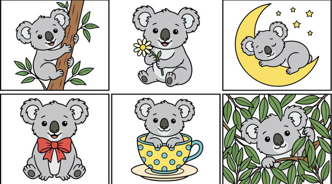 koalas in playful scenes in vector art with leaves moon cup and bow tie