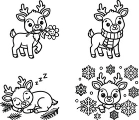 Fototapeta premium Reindeer line art set with winter scarves and snowflakes in black and white