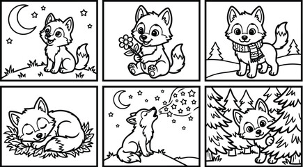 Fototapeta premium Cozy woodland foxes in night scenes set of illustrations line art