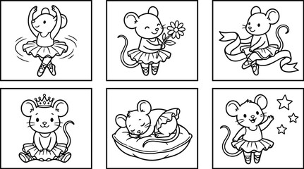 Obraz premium Ballet mouse illustrations set of framed line art drawings in ballet poses