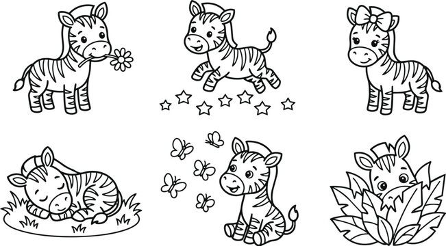 Line art zebras cubs with flowers and butterflies in vector style on white