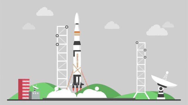 Technical Space Rocket Standing on Launch Pad Station with Satellite Dish 3D Animation