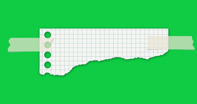 Sheet of paper for notes. Rip piece with torn adges. Animated paper pieces with sticky tape stuck on green. Blank mockup for text for presentation, advertising, website. 4K video graphic