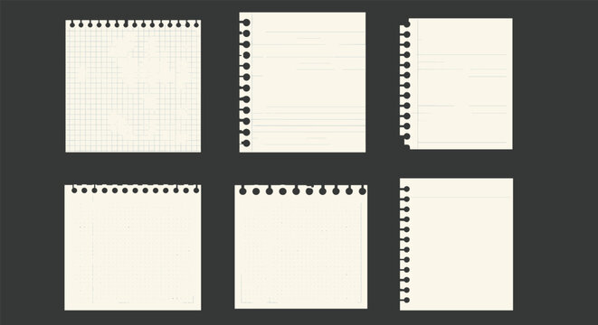 Set of various paper sheet textures including grid, ruled, and dotted pages with perforated edges for notebook design.