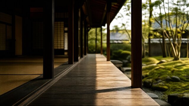 Wooden floorboards dividing shadowy interior and sunlit garden.