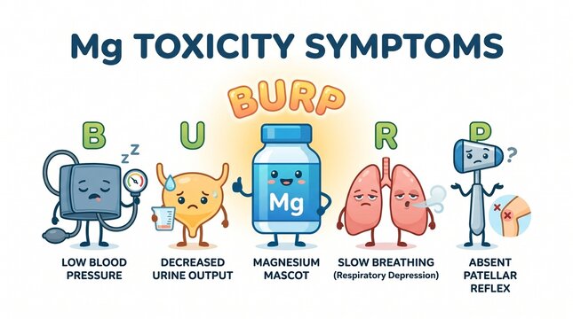 Mg Toxicity &ndash; Clinical Symptoms Mnemonic: "BURP"
