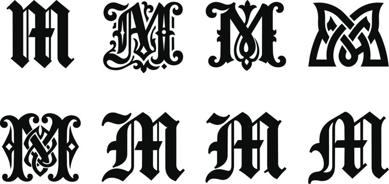 Ornamental blackletter m monograms set of intricate gothic letter designs for logos