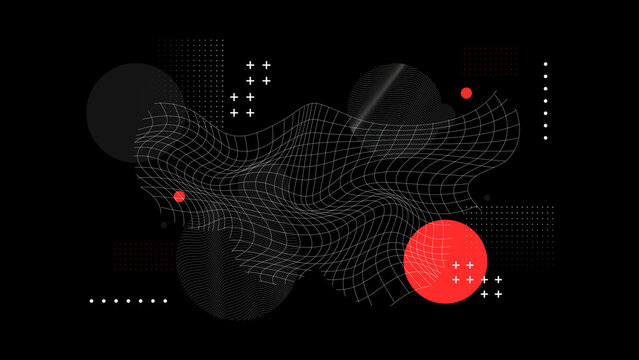 Abstract black background with futuristic wireframe grid and red geometric elements