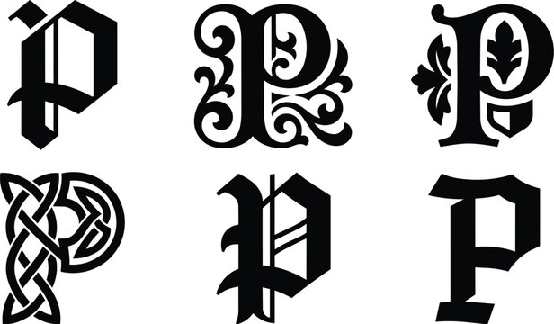 Ornate blackletter monogram glyphs vector art set for logos and initials