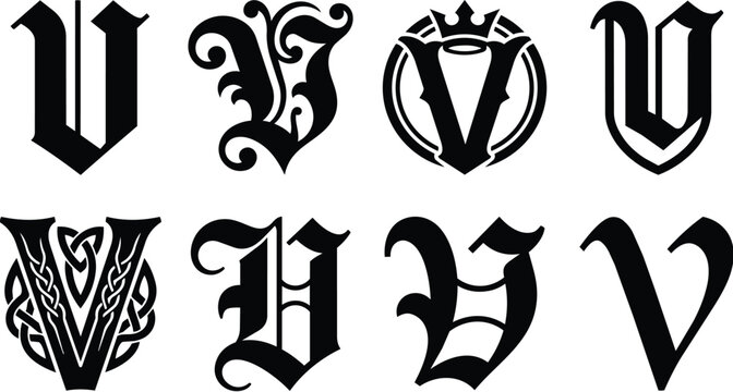 Ornamental gothic letter set vector art with black letterforms and monogram style