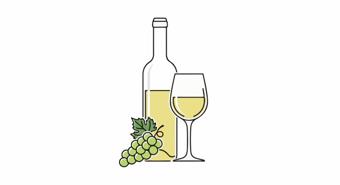 A clear illustration of a wine bottle, glass, and grapes