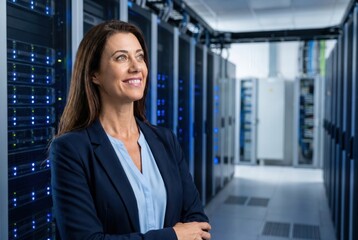 Fototapeta premium It specialist woman smiling, looking away in a server room corridor