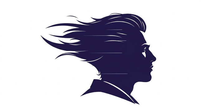 Man Profile Silhouette with Wind Blown Hair Navy Blue Vector Illustration
