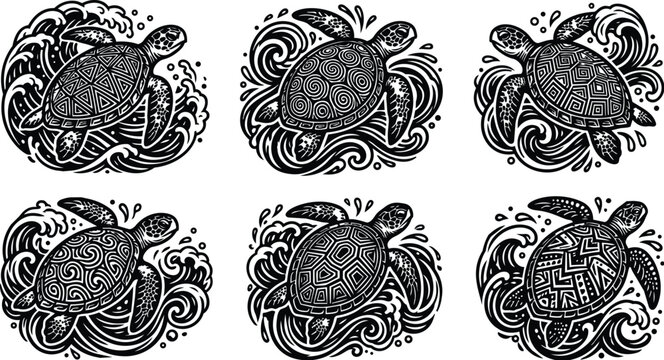 stylized sea turtles in swirling waves line art vector design