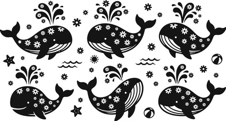Obraz premium Playful whale illustration in black and white vector art with water sprays