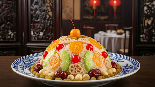 Eight treasure rice pudding (ba bao fan, sticky rice with dried fruits and nuts) served on a traditional plate in a Chinese restaurant background with lit lanterns. Celebration, food, cultural ideas