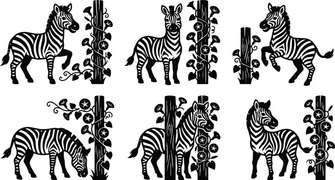 Zebra vector pattern with zebras and vines around a tree