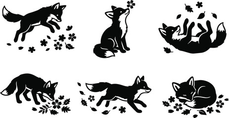 Obraz premium Playful fox silhouettes with flowers in a vector arrangement for decor or sticker