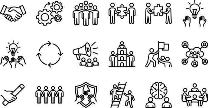 Black and white teamwork and leadership vector icons, collaboration, innovation, communication, organization, creativity, business concept, modern line art illustration