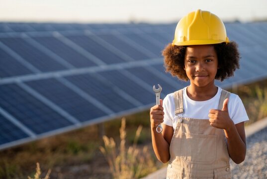 Young girl wearing a hard hat, holding a wrench and giving a thumbs up in a solar field