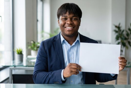 Young black man in suit holding blank sign, presenting information in a modern office