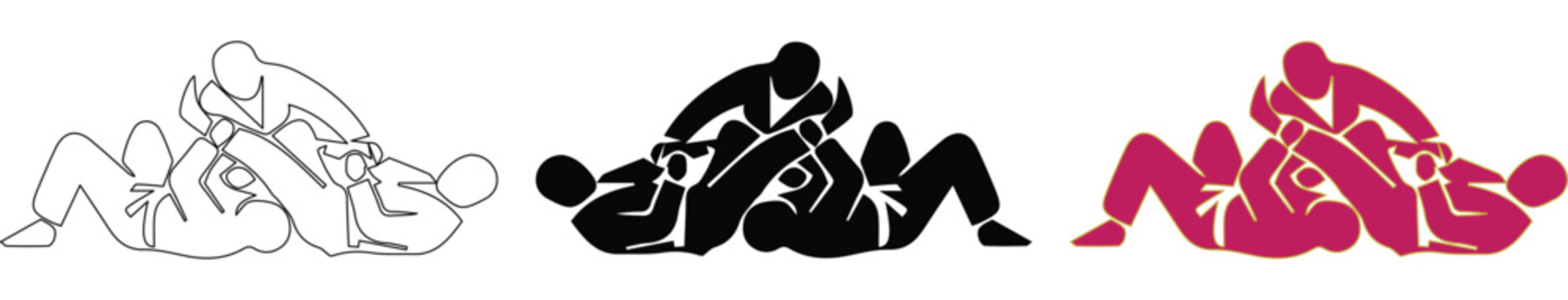 Jiu Jitsu grappling silhouettes, Brazilian Jiu Jitsu icons, martial arts ground fighting vectors