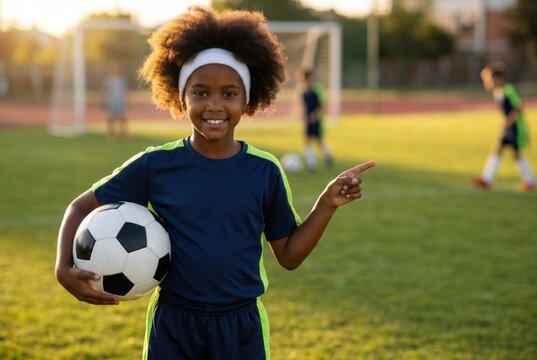 Smiling african american girl holding a soccer ball on a green sports field, pointing