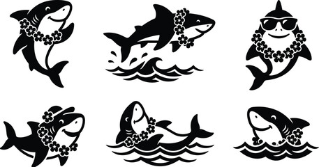 Obraz premium tropical shark silhouettes with flower leis in black vector style set