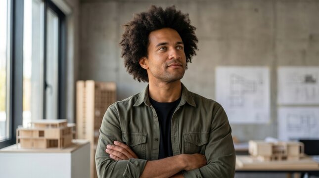 Male architect standing in a studio, looking up with a visionary expression, surrounded by architectural models