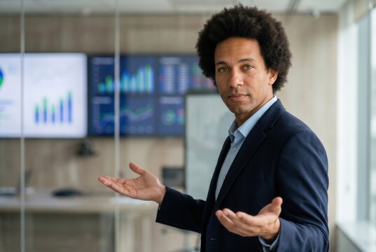 Businessman presenting financial data while discussing statistics in a contemporary board room
