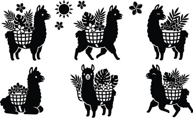 Naklejka premium Llama silhouette with flower baskets vector art in black and white display