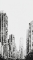 Fototapeta premium Sketchbook sketches ink and pencil hybrid sketches pencil drawing of modern city skyline with tall skyscrapers and urban architecture in sketch style