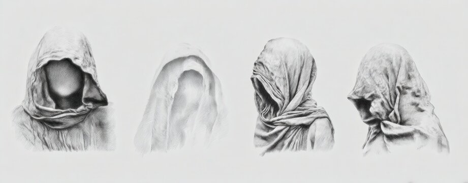 Sketchbook sketches ink and pencil hybrid sketches pencil sketch of four mysterious hooded figures with obscured faces in dark fantasy art style