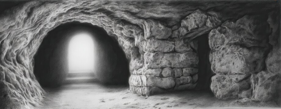 Sketchbook sketches ink and pencil hybrid sketches pencil drawing of dark stone cave interior with bright light shining through arched entrance