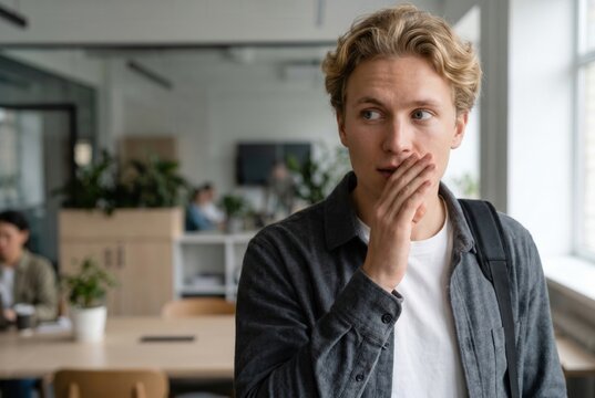 Young man covering mouth with hand, looking surprised and sharing a secret in an office
