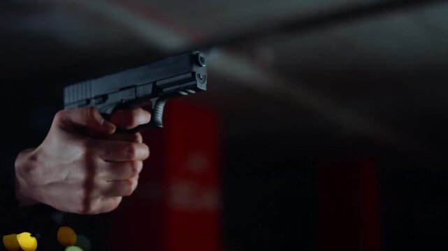 Man hands shooting with gun. Police officer pushing finger on trigger of pistol. Male killer making two shots from weapon with sparks. Close up soldier using firearm. bullets ammunition. range gallery