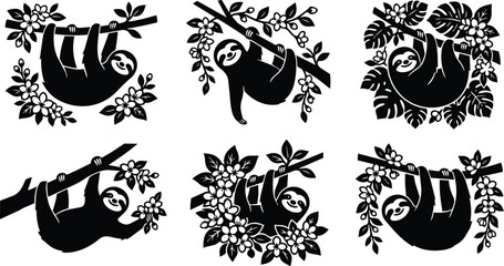 Obraz premium Sloth vector art featuring hanging sloth and floral branches in black and white line art
