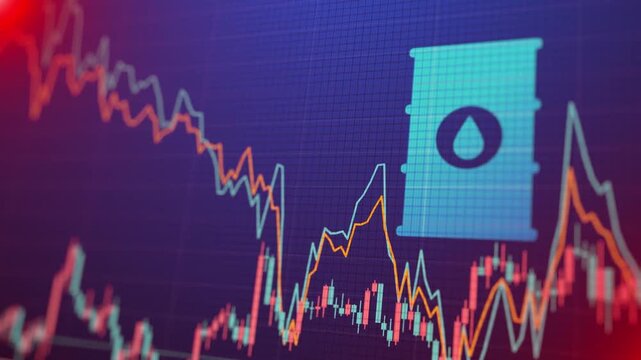 Digital stock market dashboard with analytics, commodity prices, candlestick chart for investment and trading analysis, Financial investment background. crude oil barrels Graph. profit arrows. global