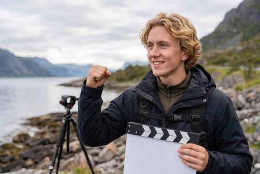 Young man holding a clapperboard and celebrating, standing by a lake with mountains in background