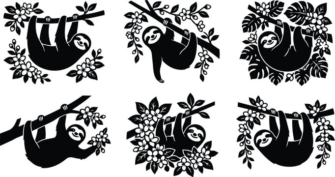 Sloth vector art featuring hanging sloth and floral branches in black and white line art