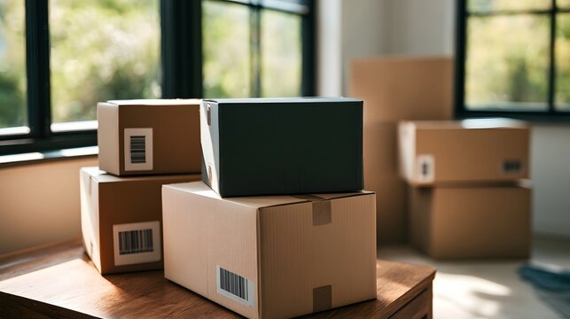 Cardboard shipping boxes are arranged in a bright interior setting highlighting themes of logistics teamwork and business ope ns