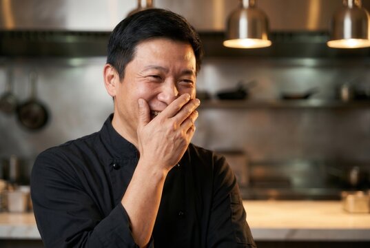 Professional chef laughing in a commercial kitchen expressing joy and happiness