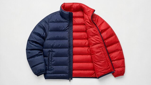 A reversible jacket lying on a plain surface, one side blue and the other red.