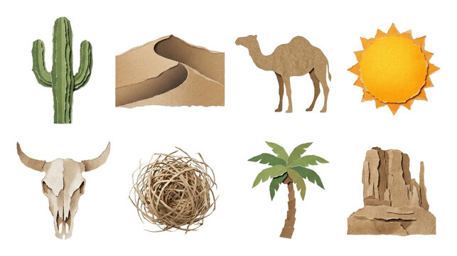Set of paper cutout desert landscape and animal elements including cactus camel sun and dunes perfect for nature themed graphic compositions