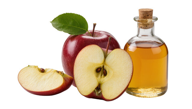 Red apple with slices and bottle of apple cider vinegar