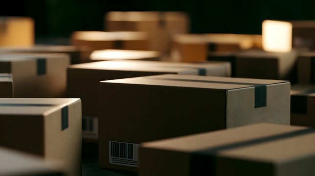 A collection of blurred brown shipping boxes creating a focused businesslike composition with ambient light