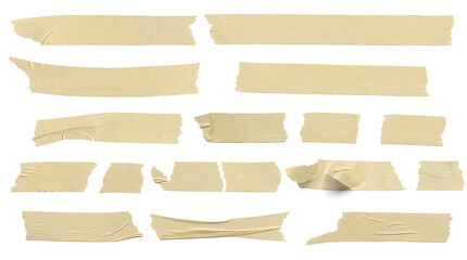 Fototapeta premium Scattered beige masking tape pieces on white background in clean minimalist top-down studio still life composition.