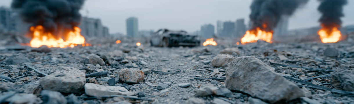 Ruined Cityscape: A desolate urban landscape scarred by war, with burning buildings and rubble lining a deserted street, evoking a sense of destruction and loss.
